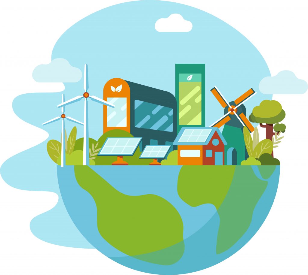 grüne energie als illustration mit windmühlen,solar,wärmekraftwerk